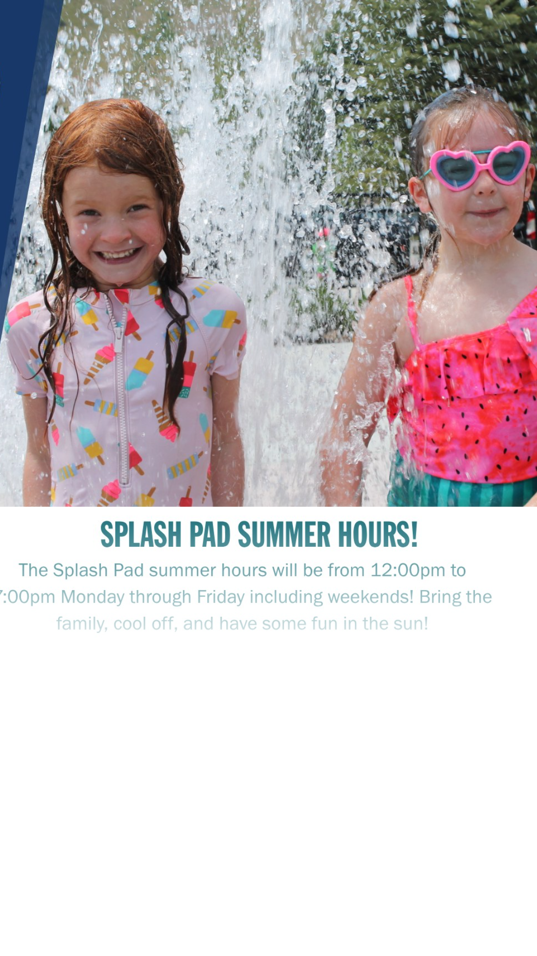 Our Splash Pad is open during construction! Bring the family, cool off, and kick off the season with some fun in the sun. Whether you’re racing through the sprays, relaxing nearby, or making summer memories, we can’t wait to see you there.