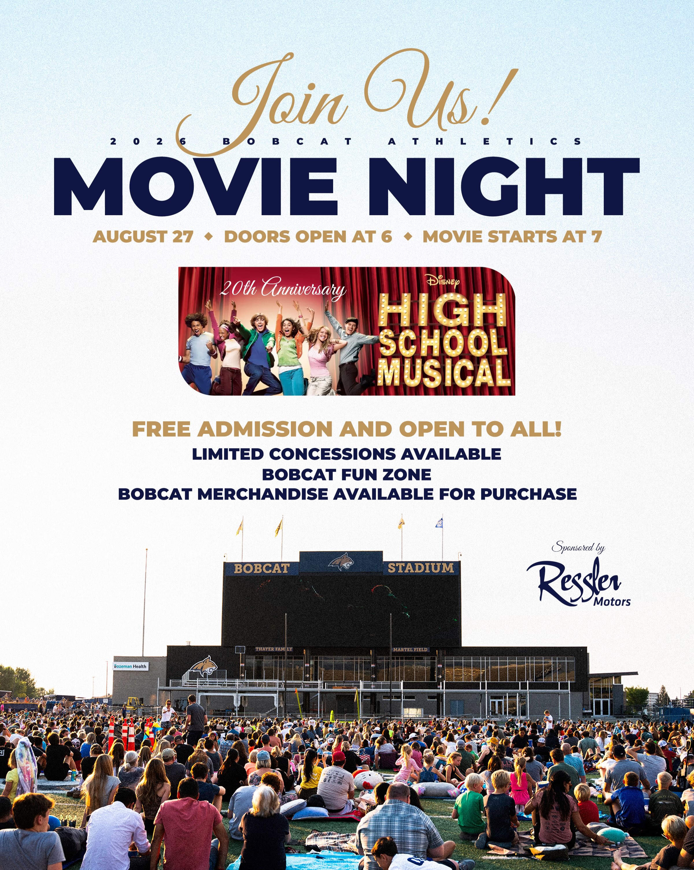 🍿 Movie snacks are a must! 🍿 Fresh popcorn and bottled water will be available at Bobcat Movie Night presented by Ressler Motors. 📅 August 27 🎡 Bobcat Fun Zone Opens at 6 PM 🎥 Movie Premiere at 7 PM