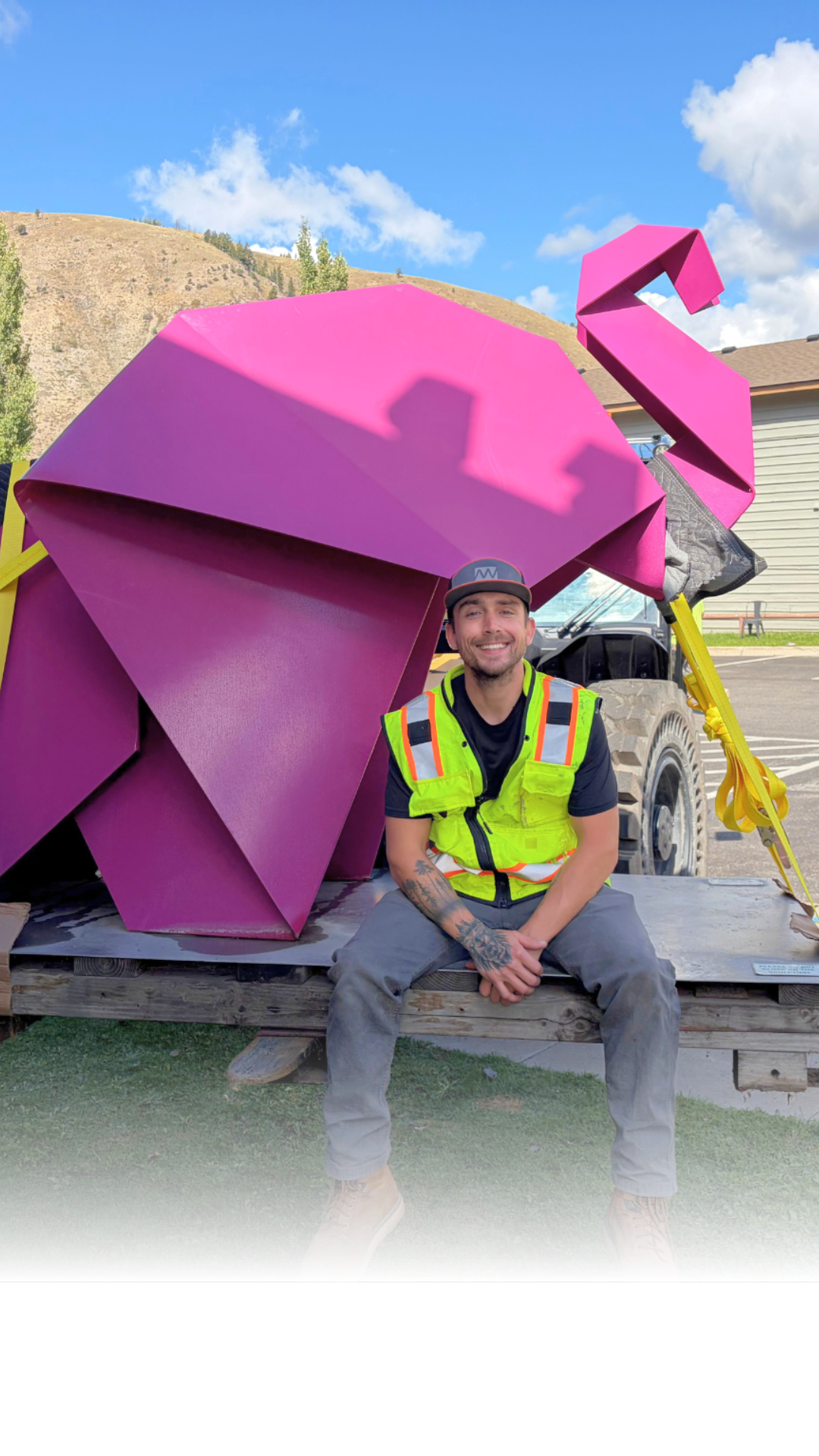 New West Construction helped relocate the large pink sculpture "Bixby" from the Center for the Arts lawn Friday.