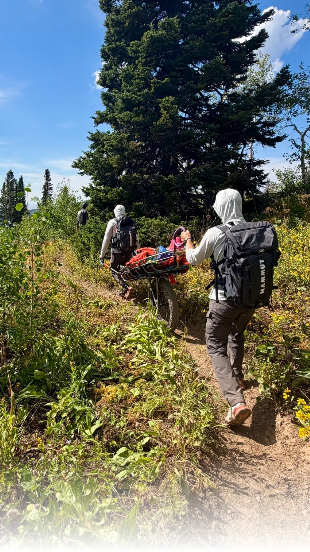 Search and Rescue volunteers used a wheeled litter to evacuate a woman in her 70s from Green Mountain on Monday. The hiker was transported to a waiting ambulance at the North Leigh Canyon trailhead after falling.