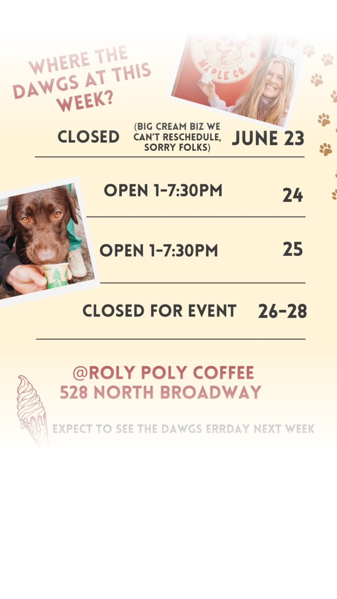 Creemee time! Come see us Wednesday and Thursday @rolypolycoffeeco 📍528 N Broadway Grab some maple soft serve, and maybe even pour espresso on top, mad dawg energy guaranteed!