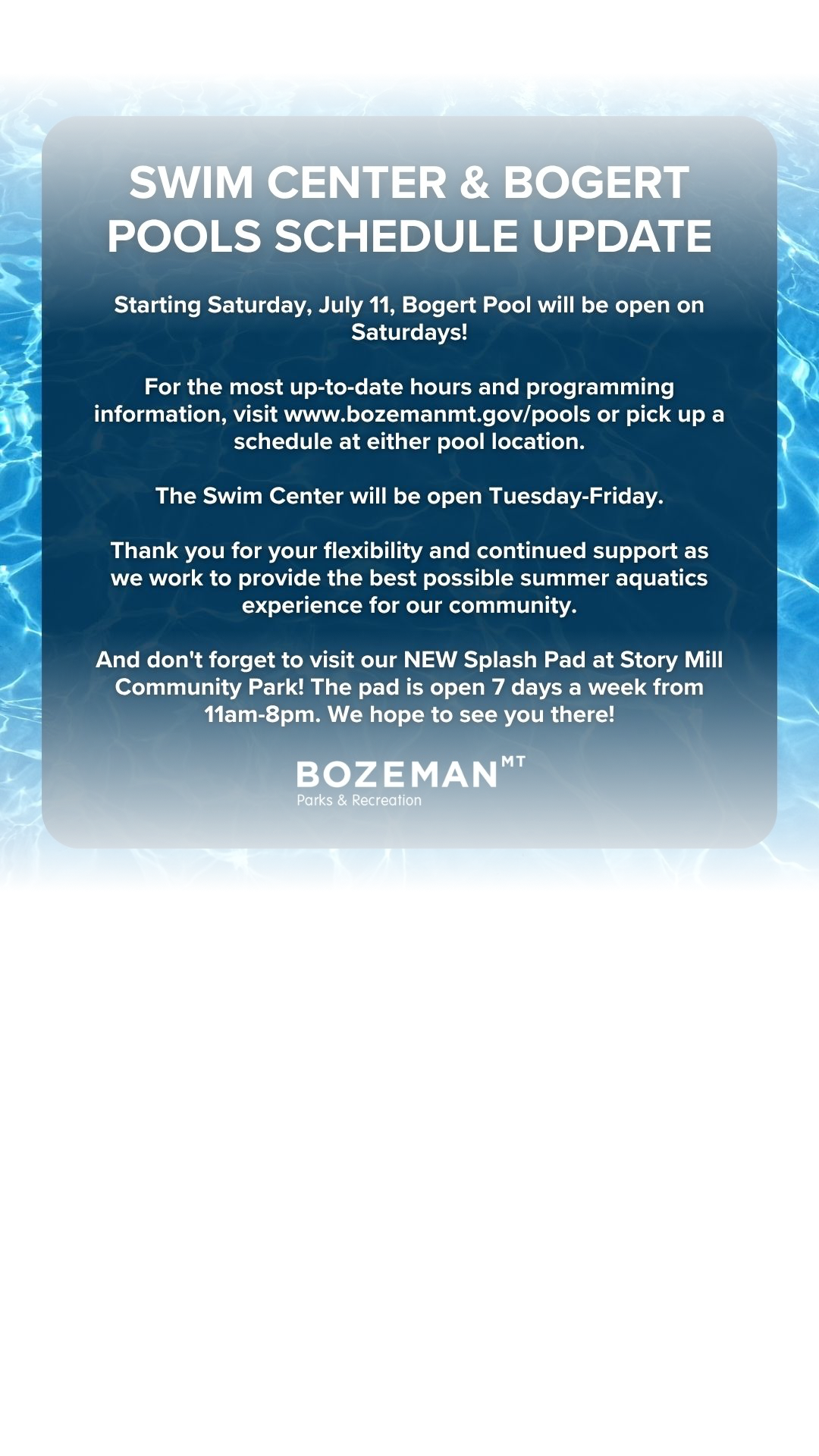 Bogert Pool is adding Saturday hours for lap and open swimming beginning July 11. Meanwhile, the Story Mill Community Park splash pad is now operational daily.