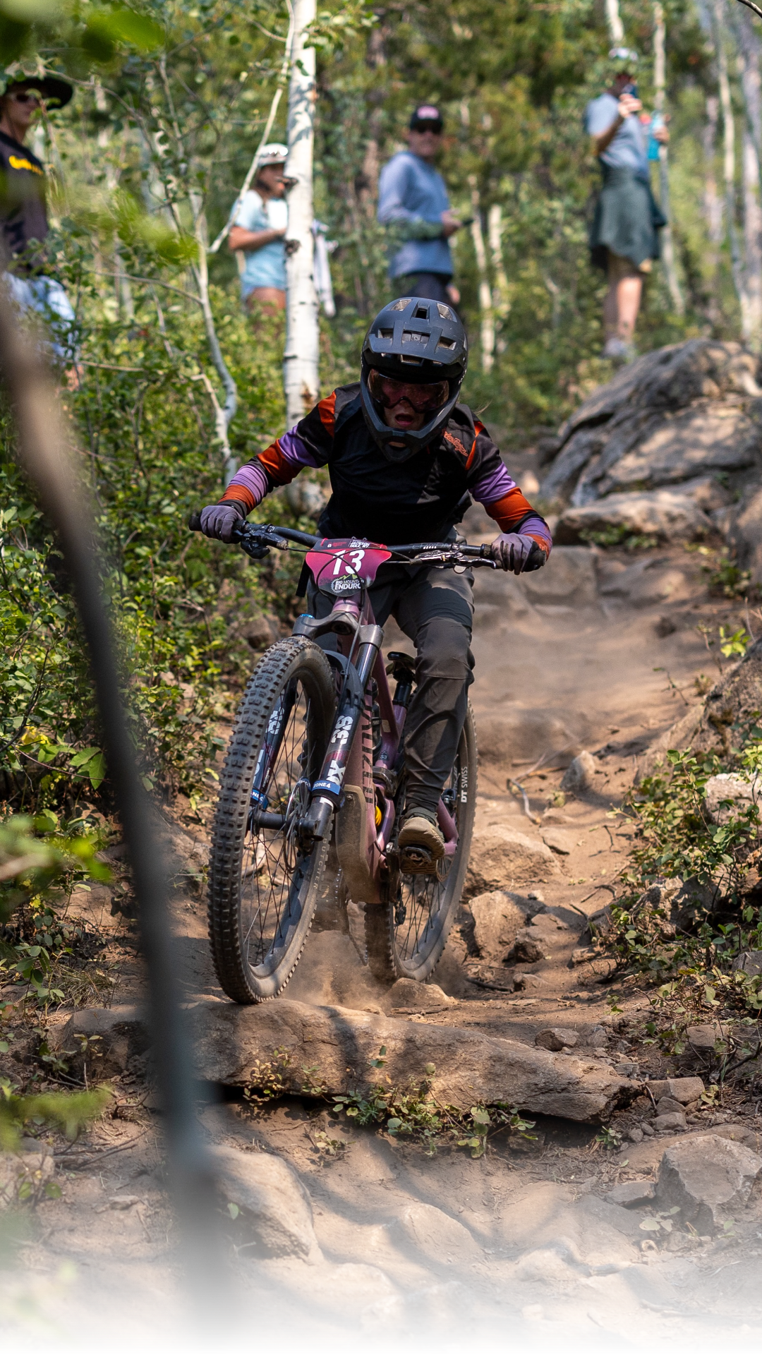 Tanner Castagnetto and Lia Westermann lead the Big Mountain Enduro finals at Jackson Hole after the first day of competition. Riders descended from Rendezvous Mountain via the tram.