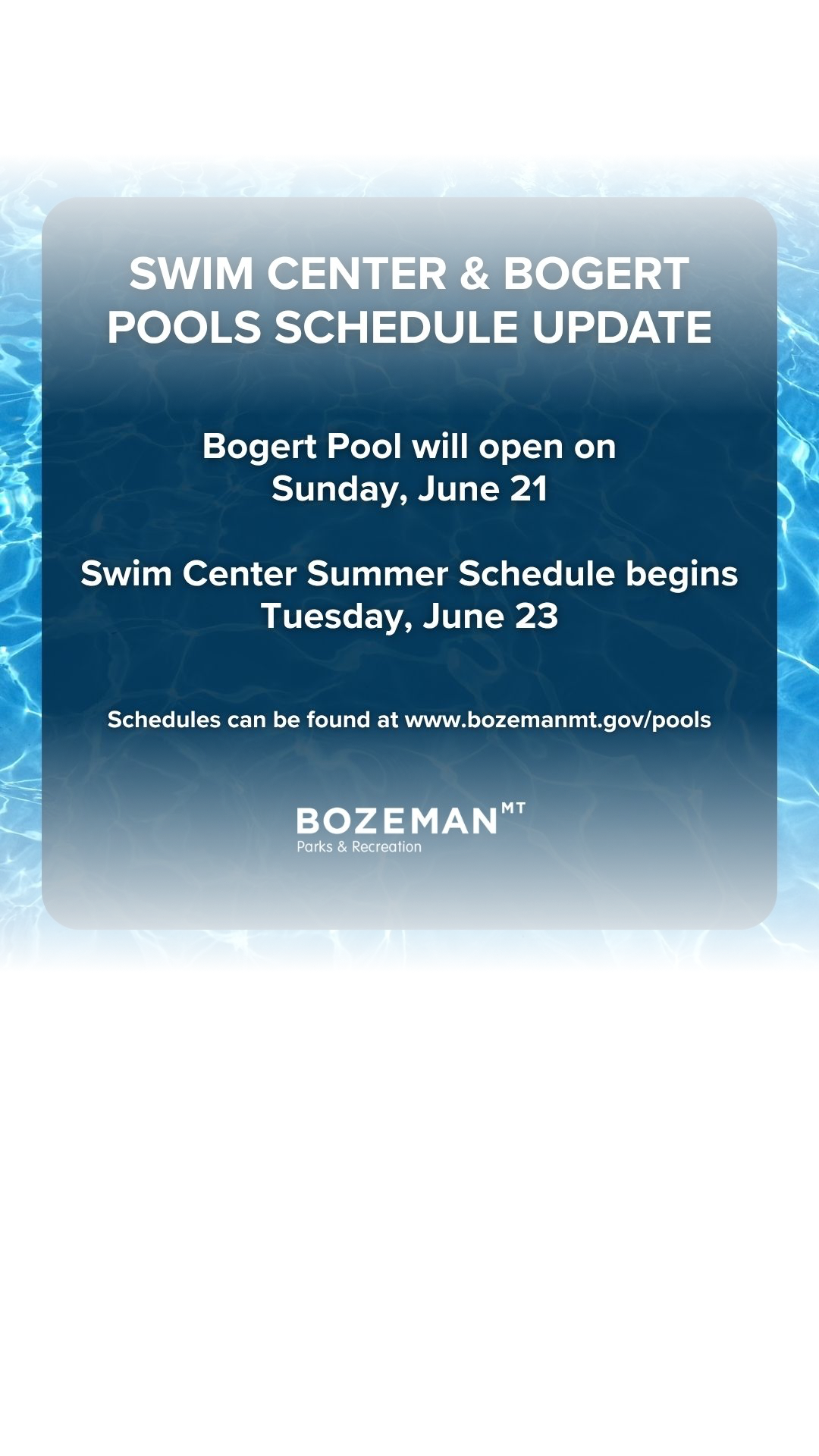 Mark your calendars! Bogert Pool
OPENS on Sunday, June 21st!