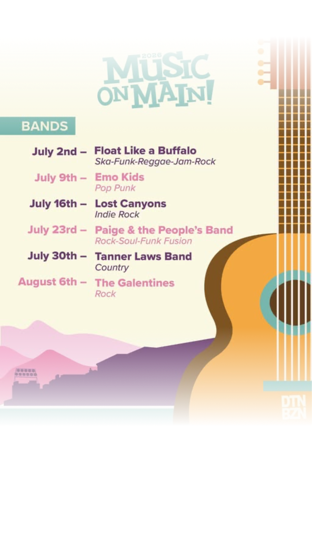 Let's get ready to rock 🤘😈 Music on Main is just TWO WEEKS away! Mark your calendars to kick off the series with us on July 2nd, with fan-fav @floatlikeabuffalo 💭🦬 See ya downtown 😎