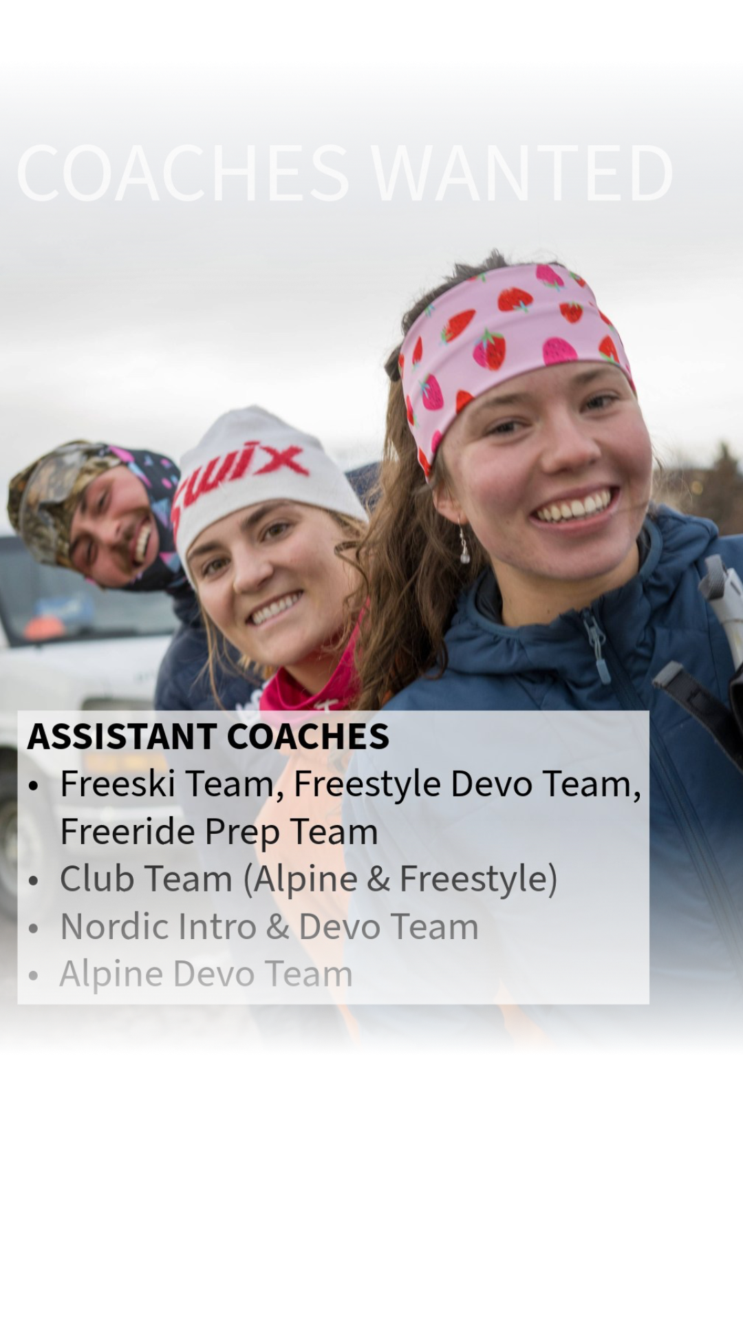 Believe it or not, we're already looking to build out our coaching crew for the fall and next winter. Lots of assistant coach opportunities across Nordic, Alpine, and "All Things Free." If you love skiing and want to teach the next generation, check it out. Link in bio.