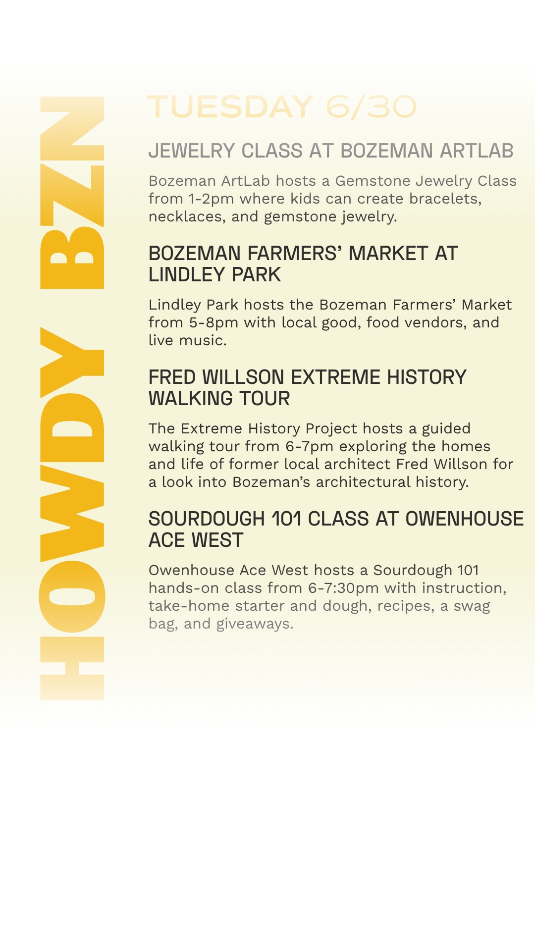 New Bozeman plans for the week! Share with friends and family you’d like to attend one of these events with, and I’ll see you out there 💛
