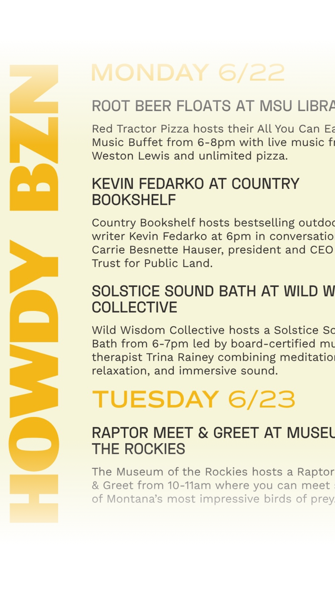 Your Bozeman plans for the week are here! Share with friends and family you’d like to attend one of these events with, and I’ll see you out there 💛 📍 Bozeman, Montana #howdybozeman