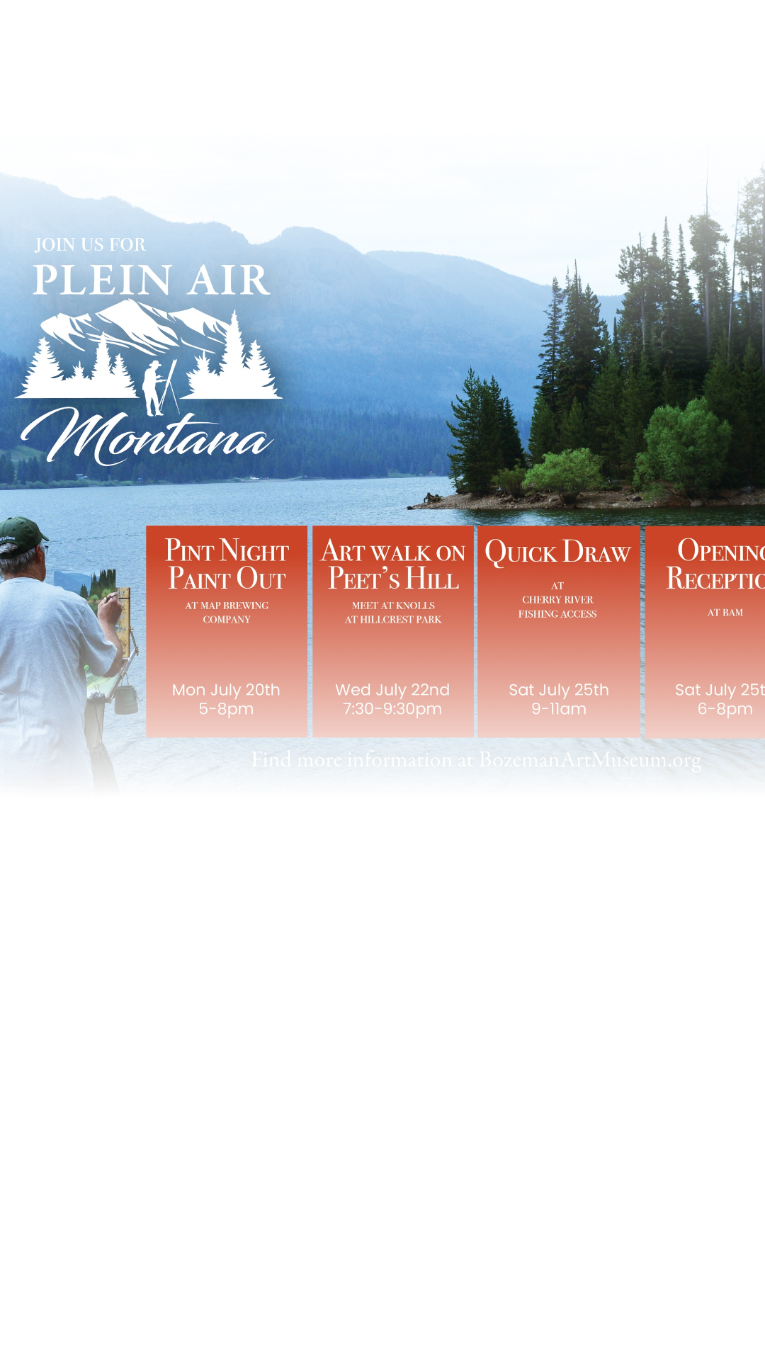 Save the date for our upcoming Plein Air MT events! 🗻🎨🖌 We will have three paint out events, listed here, to see the artists paint live and an opening reception on Saturday July 25th from 6-8pm at BAM.