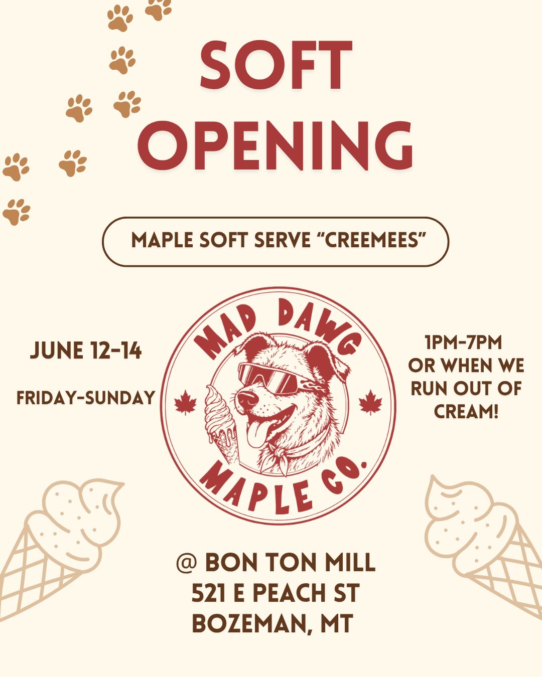 Hey Bozeman! Come visit us this Friday-Sunday for our official soft launch at the Bon Ton building parking lot. Get ready to try some maple soft serve and experience the magic of a Vermont “creemee” in Montana🍦